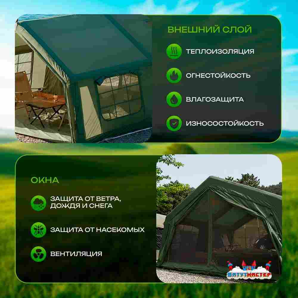 Пневмокаркасная всесезонная палатка «Тёплая Искра» 3,6×4,8×2,2 м — с печкой, из ПВХ, зелёная