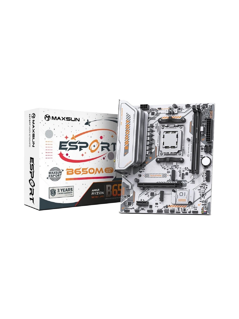 MAXSUN MS-eSport B650M WIFI6 ICE (Socket AM5, mATX, 2*DDR5(96Gb), DP/HDMI, 2*SATA3, 2*M.2, 1*PCIEx16/1*PCIEx1, 2*USB 2.0, 4*USB 3.2, LAN 1*1G,  Bluetooth,  Wi-Fi 802.11ax, RTL)