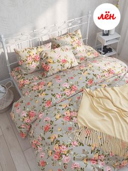 Простынь на резинке Сказка "Шиповник" 90х200 см , лён