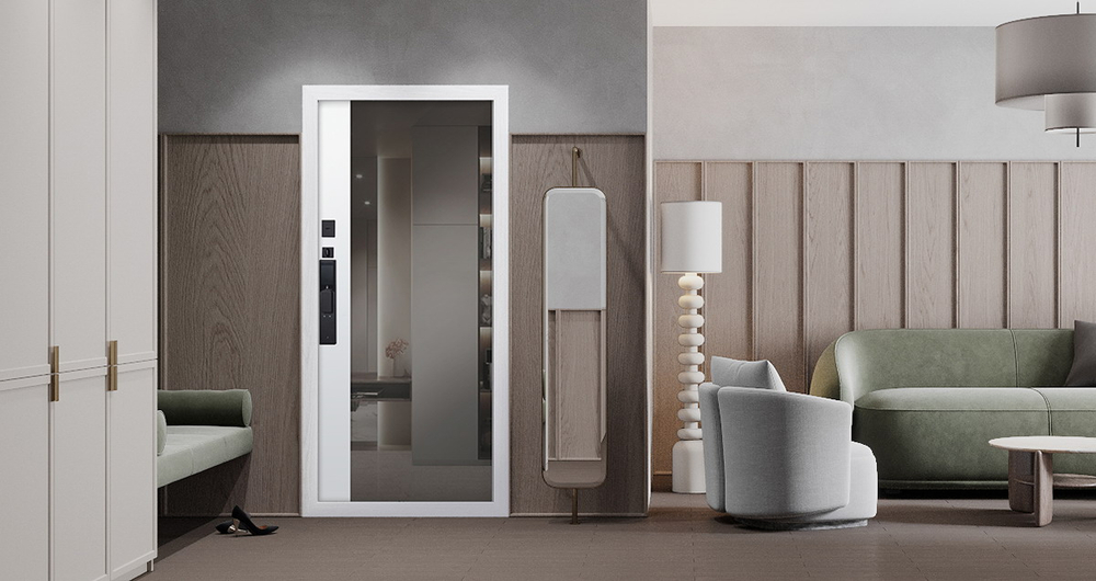 Стальная дверь "Plata" с зеркалом (биометрический замок DZ 888)