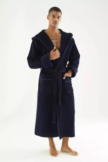 Махровый мужской халат 7230 темно-синий  Nusa Турция