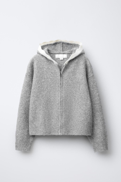 ZARA ВЯЗАНАЯ КУРТКА С КАПЮШОНОМ И КРУЖЕВНОЙ ОТДЕЛКОЙ, МЯГКИЙ СЕРЫЙ