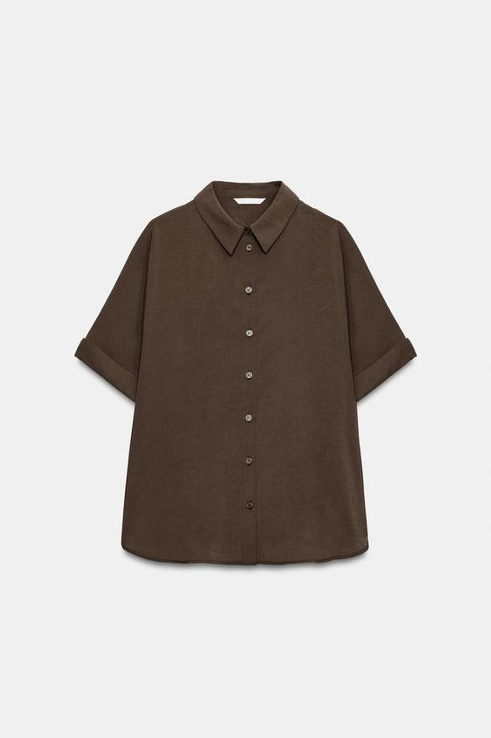 ZARA РУБАШКА СТРУЯЩЕГОСЯ КРОЯ С КОРОТКИМИ РУКАВАМИ, ТЕМНО-КОРИЧНЕВЫЙ