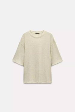 ZARA ТОП С БЛЕСТЯЩЕЙ НИТЬЮ И КОРОТКИМИ РУКАВАМИ, ЗОЛОТОЙ