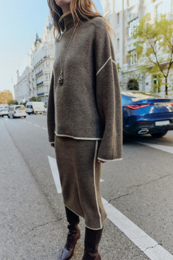 ZARA СВИТЕР ИЗ ТРИКОТАЖА С КОНТРАСТНОЙ ОТДЕЛКОЙ, СЕРО-КОРИЧНЕВЫЙ