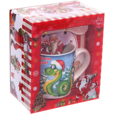 Кружка керамическая 200мл «Змейка в колпачке» с ложкой в подарочной коробке