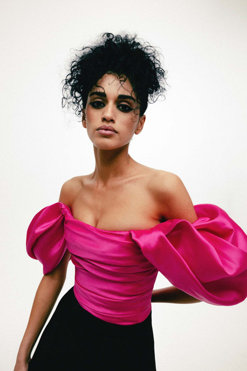 Блуза корсетного типа драпированная из тафты c объемными рукавами