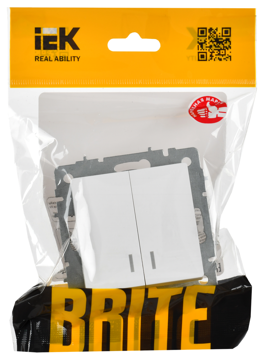 BRITE Выключатель 2-клавишный с индикацией 10А ВС10-2-1-БрАБ арктический белый IEK