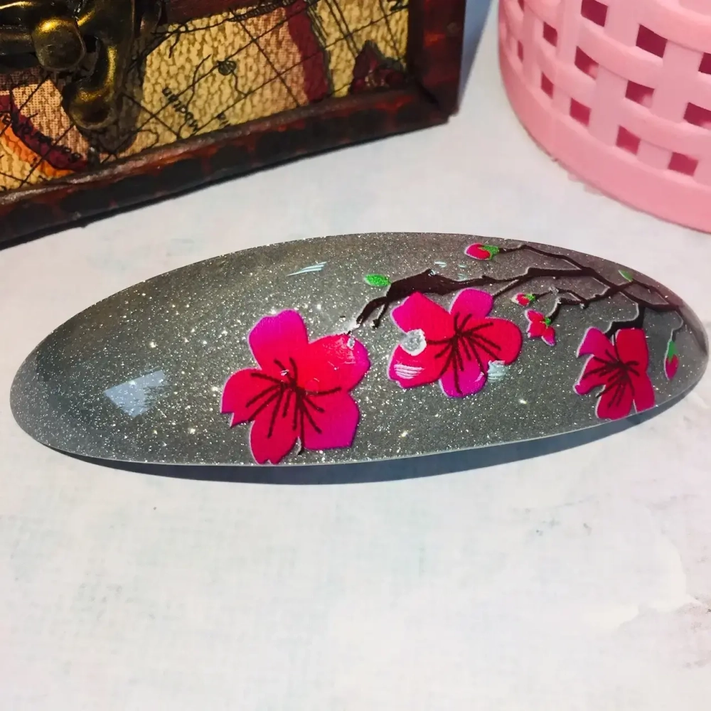 Заколка автомат «Lady Collection - Сакура», овал, 6 цветов, 9*2,5см (Кокетка)