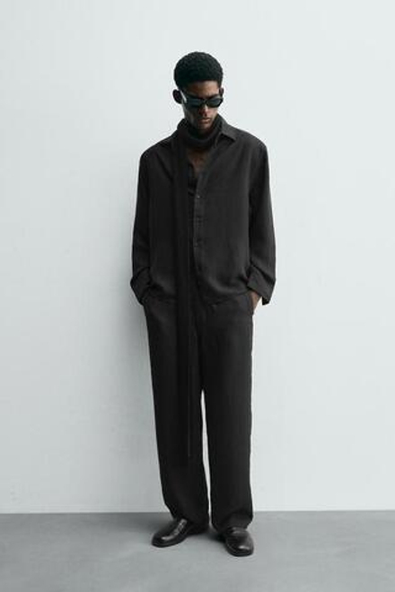 ZARA БРЮКИ JACQUARD В ПОЛОСКУ, ЧЕРНЫЙ