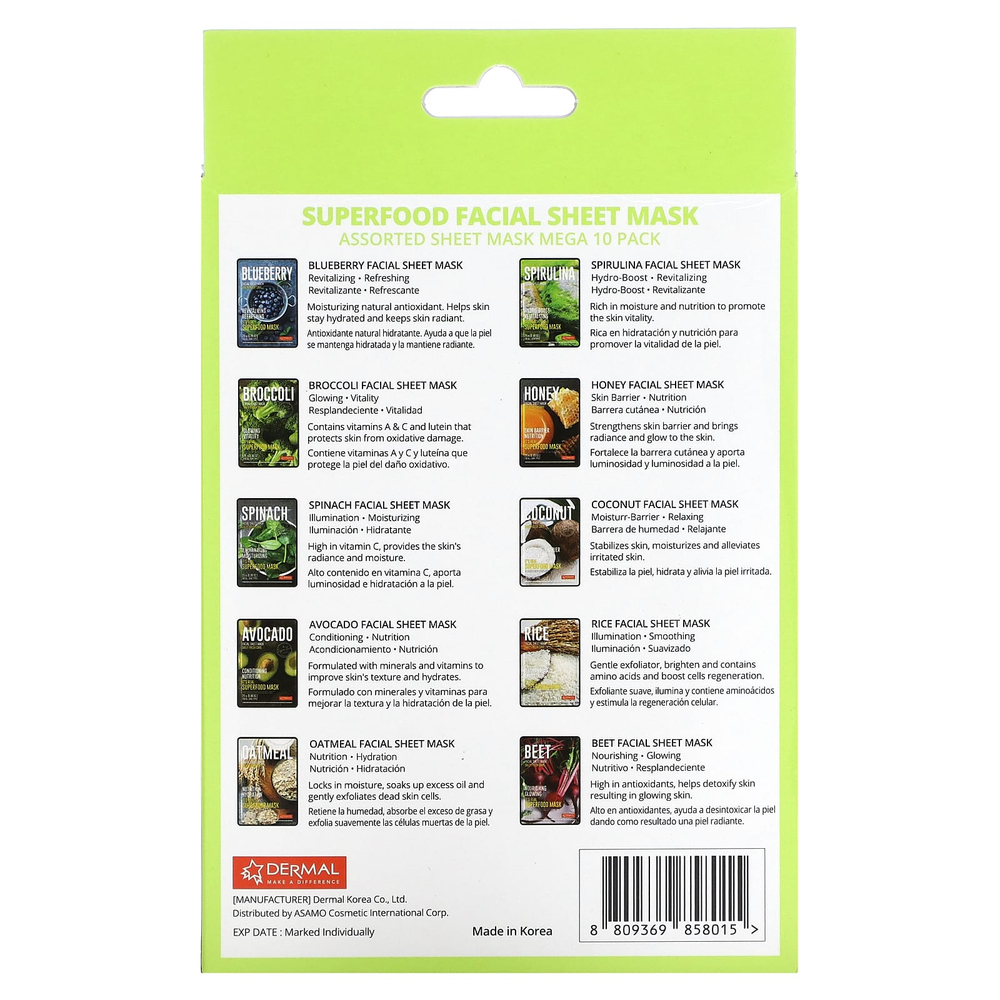 Dermal, Тканевые маски для лица из суперфудов, ассорти, 10 шт., 25 г (0,88 унции)