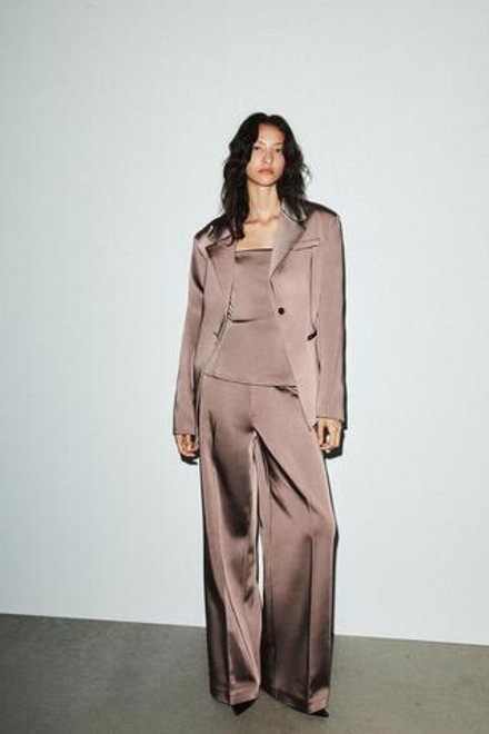 ZARA АТЛАСНЫЕ БРЮКИ С ВЫСОКОЙ ТАЛИЕЙ, ШОКОЛАДНО-КОРИЧНЕВЫЙ