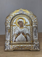 Семистрельная БМ, икона арочная с рамкой, красное дерево 266х335