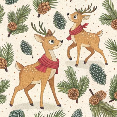 Олени в красных шарфах и веточки сосны 1