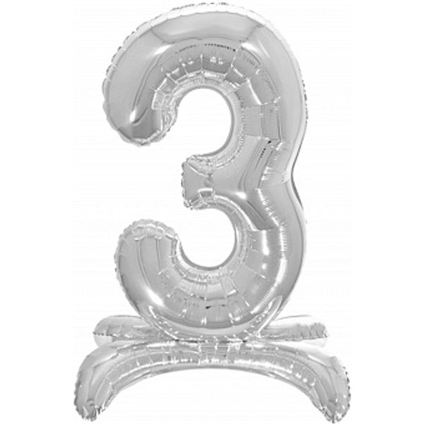 Фольгированная цифра 3, Серебряная на подставке, 81 см