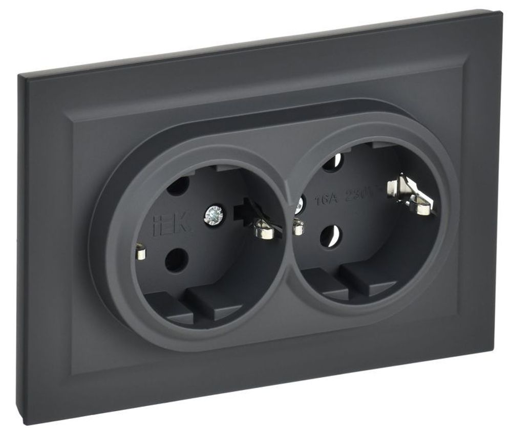 Розетка 2-м СП BRITE РС12-3-БрГ 16А в сборе с заземл. без защ. шторок графит IEK BR-R21-16-K53-F Розетка 2-м СП BRITE РС12-3-БрГ 16А в сборе с заземл. без защ. шторок графит IEK BR-R21-16-K53-F