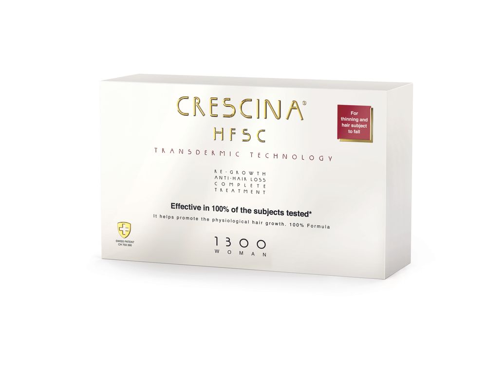 Crescina Transdermic HFSC 100% RE-GROWTH + ANTI-HAIR LOSS КОМПЛЕКС лосьон для возобновления роста волос + лосьон против выпадения волос для женщин. Дозировка 1300 / 10+10 ампул