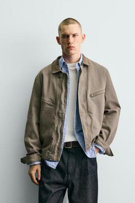 ZARA УКОРОЧЕННАЯ КУРТКА С ВЕЛЬВЕТОВЫМ ВОРОТНИКОМ, ХАКИ