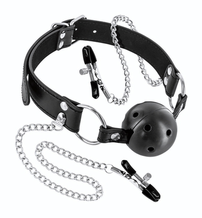 Жесткий шар-кляп с зажимами для сосков (Цвет: черный)