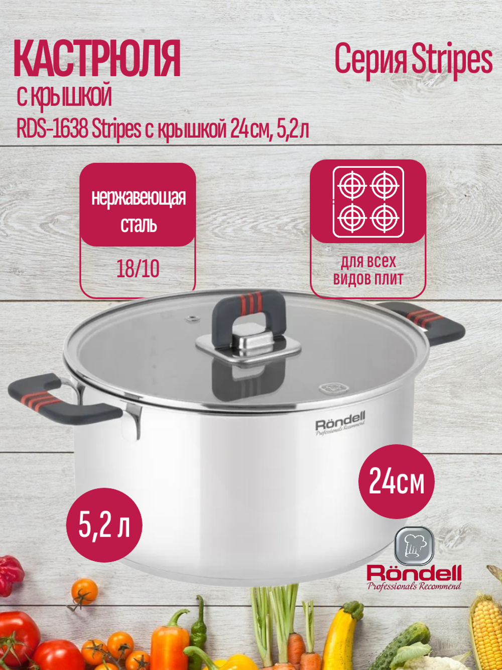 Кастрюля RONDELL RDS-1638 Stripes с крышкой 24 см, 5,2 л стальной