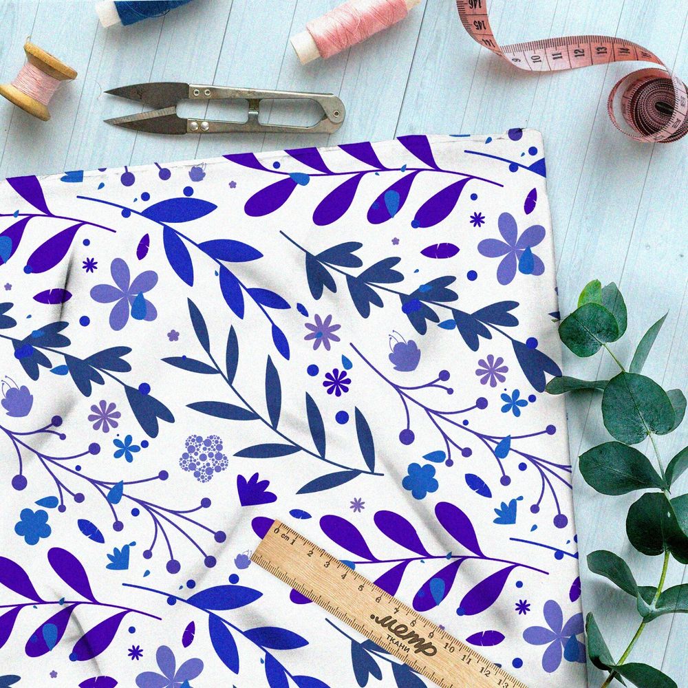 Ткань шифон фиолетовая трава на белом фоне