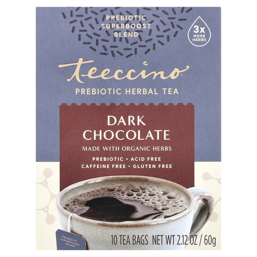 Teeccino, Prebiotic Herbal Tea, органический темный шоколад, без кофеина, 10 чайных пакетиков, 60 г (2,12 унции)
