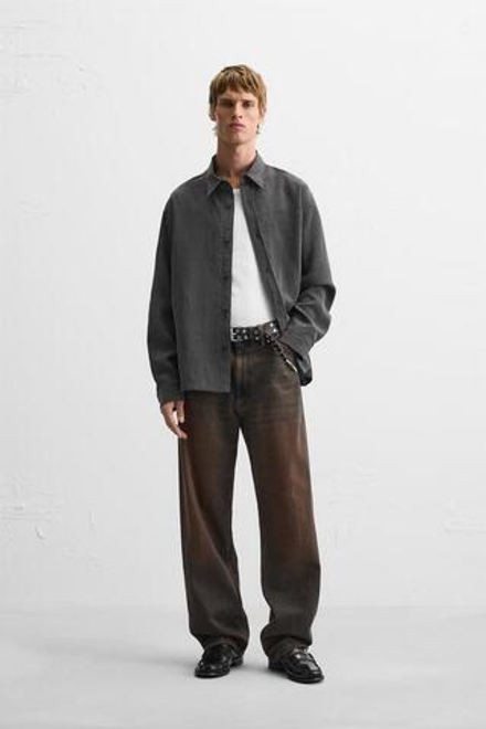 ZARA РУБАШКА ИЗ СМЕСОВОГО ЛИОЦЕЛЛА В ПОЛОСКУ, АНТРАЦИТОВО-СЕРЫЙ