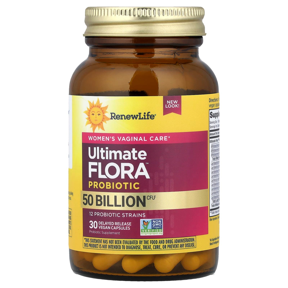 Renew Life, Ultimate Flora™, пробиотик, 50 млрд КОЕ, 30 веганских капсул с отсроченным высвобождением