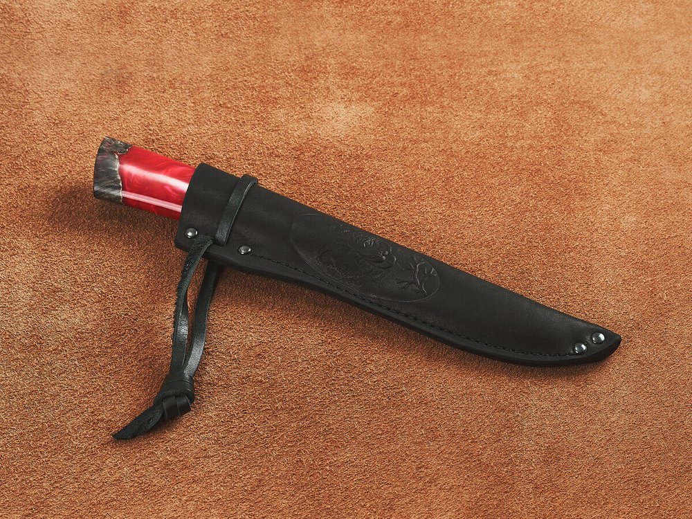 Якутский нож "Амга", сталь Х12МФ, рукоять пепельная стабилизированная карельская береза / акрил рубин