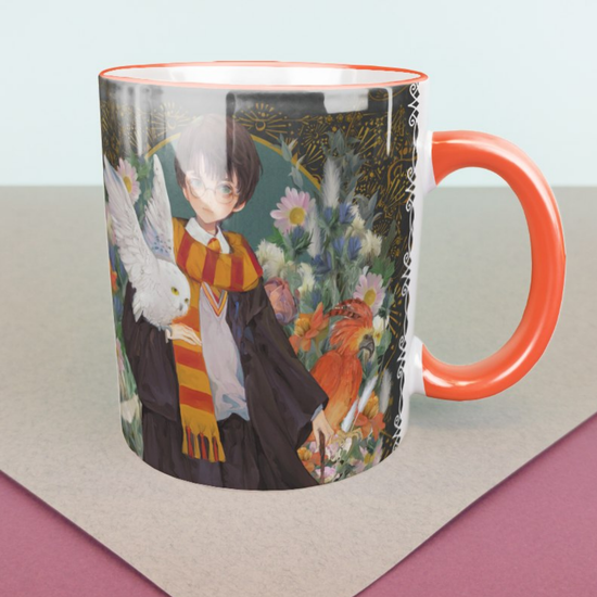 Кружка керамическая объем 330мл, Гарри Поттер Гарри и Букля в волшебном саду, (оранжевая с ободком)