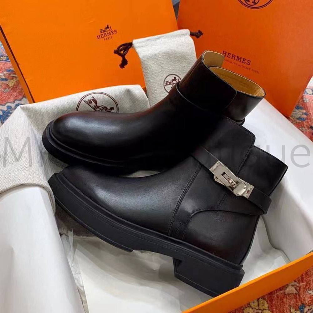 Женские ботинки Hermes Veo кожаные в черном цвете