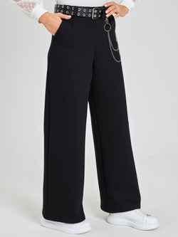 Брюки утепленные для девочки палаццо с ремнем люверсы чёрные