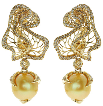 Серьги Физалис c Жемчугом и Бриллиантом Шампань, E0111-0/3