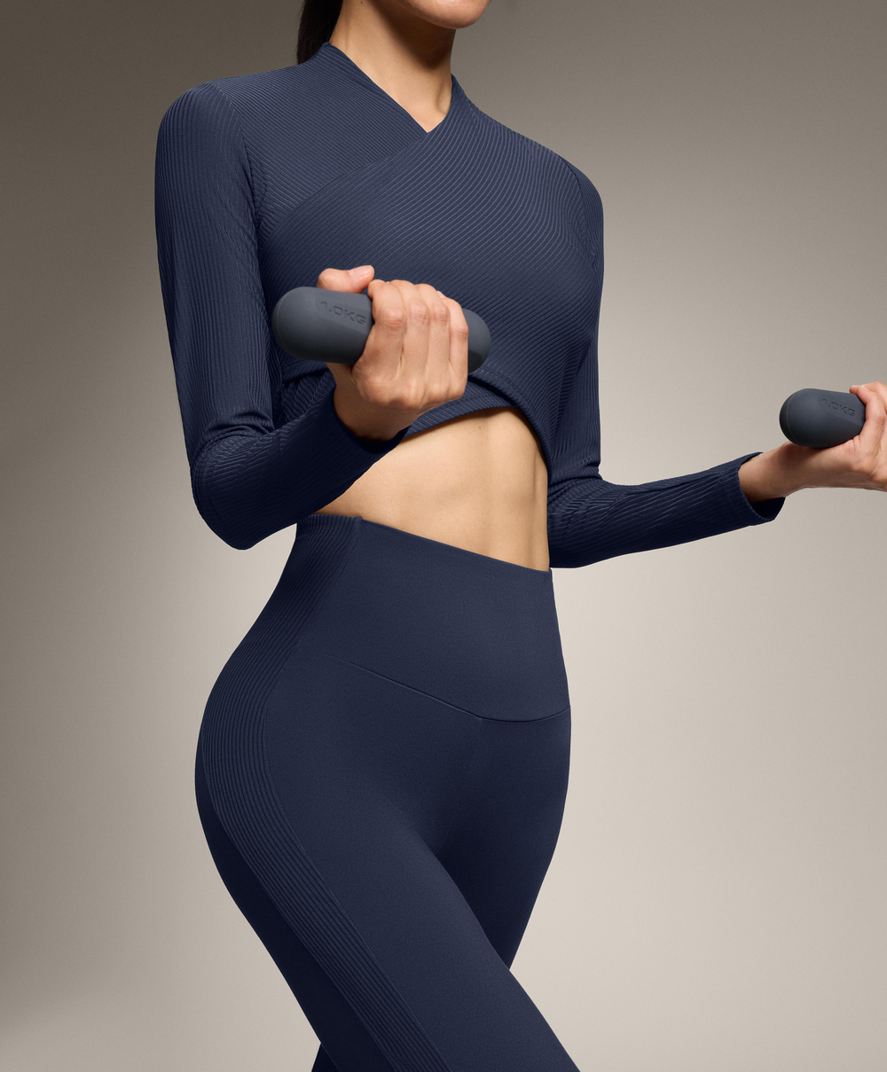 OYSHO Расклешенные брюки Comfortlux с высокой талией и отделкой в рубчик, синий