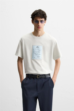 ZARA ФУТБОЛКА С КОНТРАСТНОЙ НАШИВКОЙ, ЖЕМЧУЖНО-СЕРЫЙ