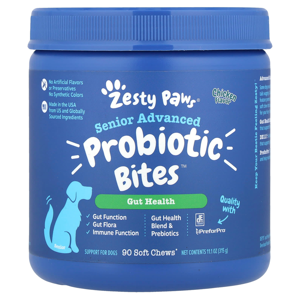 Zesty Paws, Senior Advanced Probiotic Bites ™, для собак, для пожилых людей, курица, 90 жевательных таблеток, 315 г (11,1 унции)