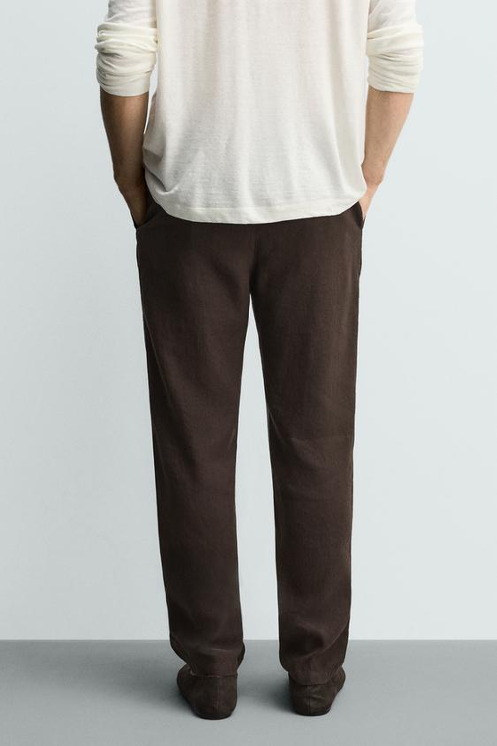 ZARA БРЮКИ RELAXED FIT ИЗ ХЛОПКА И ЛЬНА, КОРИЧНЕВЫЙ