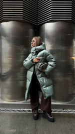 MIDI пуховик с объемным капюшоном, Green Iceberg🍃🍃🍃