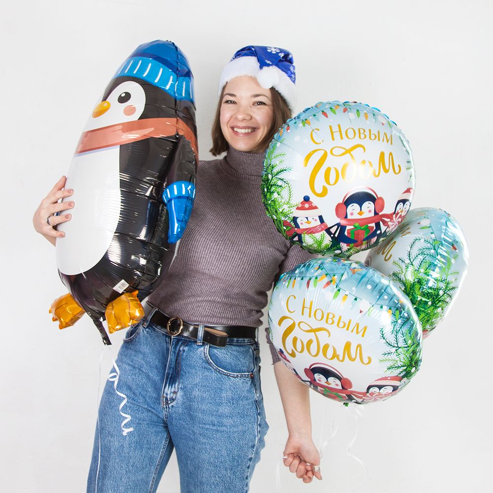 Шар (18"/46 см) Круг, С Новым Годом (маленькие пингвины), 1 шт. в упак.