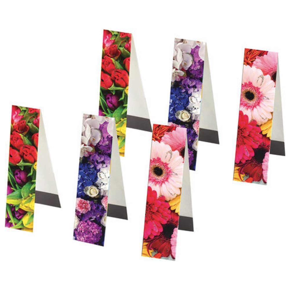 Закладки для книг с магнитом ЦВЕТЫ, набор 6 шт., блестки, 25x196 мм, ЮНЛАНДИЯ, 129618