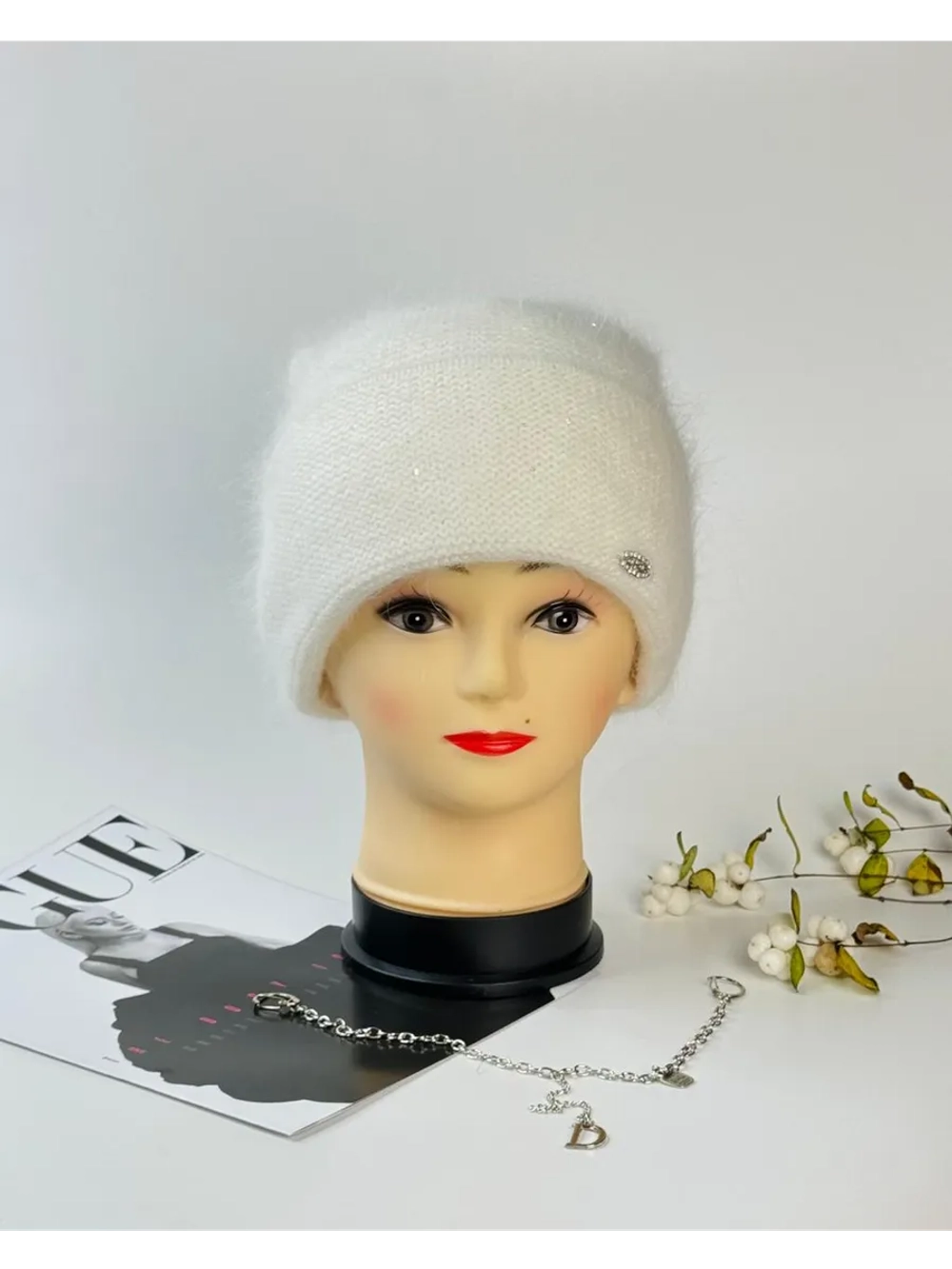 шапка зимняя вязаная ангора с пайетками