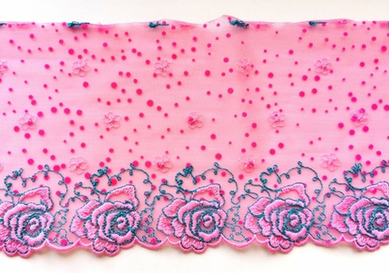 Вышивка на сетке, 16 см, ярко-розовый и бирюза, левая сторона, (Артикул: VS-1002), м