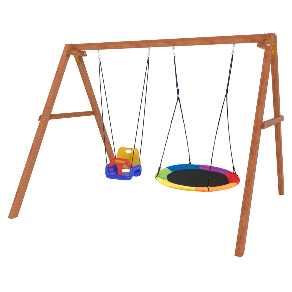 Деревянные качели с разноцветным гнездом Свиби и качелями со спинкой