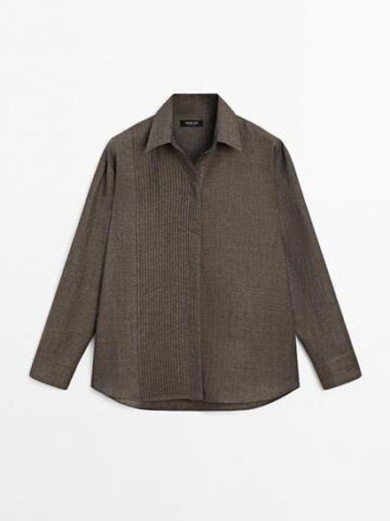 Massimo Dutti Легкая рубашка из 100% льна с защипами, коричневый
