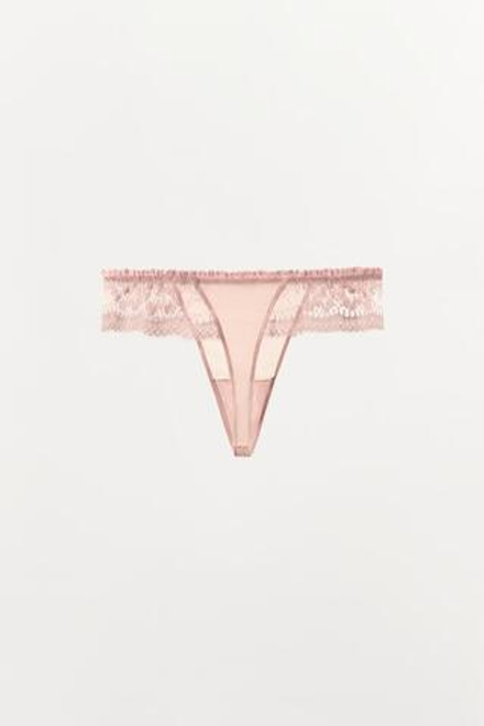 ZARA ТРУСЫ-ТАНГА С КРУЖЕВНЫМИ ВСТАВКАМИ, ПАСТЕЛЬНО-РОЗОВЫЙ