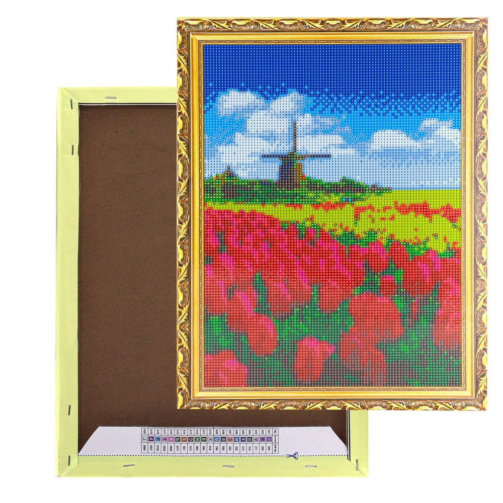 Алмазная мозаика Alingar, на подрамнике, с полным заполнением, (глянц) дизайн рамка, 30х40 см, 20 цветов, "Поля тюльпанов"