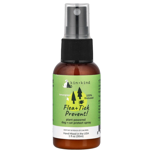 Kin+Kind, Flea + Tick Prevent!, спрей для защиты собак и кошек на растительной основе, лемонграсс, 30 мл (1 жидк. унция)