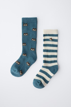 ZARA НАБОР ИЗ ДВУХ ПАР НОСКОВ С ЖЕЛУДЯМИ, БЕЛКАМИ И ПОЛОСКАМИ, СИНЕВАТЫЙ