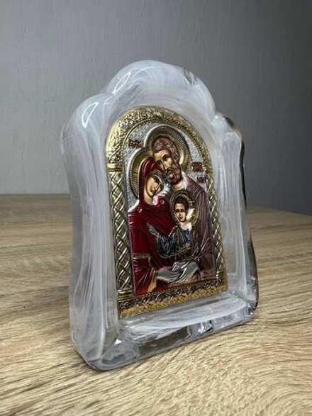 Св. Семейство, икона арочная, белое муранское стекло, эмаль 86х112