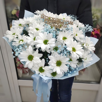 Букет из 5 кустовых хризантем сорта "KENNEDY WHITE" с цветной гипсофилой